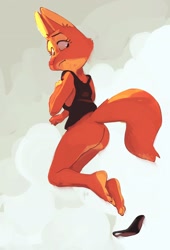 Size: 2034x2996 | Tagged: suggestive, artist:edtropolis, diane foxington (the bad guys), canine, fox, mammal, anthro, dreamworks animation, the bad guys, barefoot, bottomless, butt, clothes, feet, female, looking down, nudity, panties, partial nudity, soles, solo, solo female, thick thighs, thighs, toes, topwear, underwear, vixen, wardrobe malfunction, wide hips