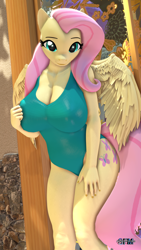 Size: 1080x1920 | Tagged: suggestive, artist:anthroponiessfm, fluttershy (mlp), equine, fictional species, mammal, pegasus, pony, anthro, friendship is magic, hasbro, my little pony, 2023, 3d, adorasexy, anthrofied, big breasts, breasts, cleavage, clothes, cute, digital art, feathered wings, feathers, female, green swimsuit, hair, hand on breast, looking at you, mane, mare, one-piece swimsuit, pink hair, pink mane, pink tail, sexy, solo, solo femal, solo female, source filmmaker, swimsuit, tail, wings, yellow body