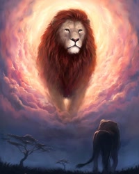 Size: 768x960 | Tagged: artist needed, safe, mufasa (the lion king), simba (the lion king), big cat, feline, lion, mammal, feral, disney, the lion king, cloud, duo, duo male, father, father and child, father and son, male, males only, plant, sky, son, tree