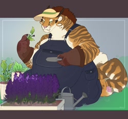 Size: 1500x1400 | Tagged: safe, artist:scrumpygoat, charr, feline, fictional species, mammal, anthro, guild wars, clothes, fat, female, gardening, hat, headwear, huge belly, kneeling, plant, solo, solo female, sun hat, tail, thick thighs, thighs, wide hips