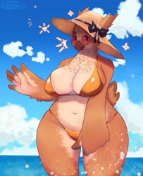 Size: 3000x3700 | Tagged: safe, artist:kooriki, oc, oc only, oc:gina (kooriki), bird, bird of prey, great horned owl, owl, anthro, 2023, absolute cleavage, almost nude, beak, bikini, breasts, cleavage, clothes, dot eyes, feathers, female, glasses, gold bikini, hat, headwear, huge breasts, solo, solo female, sun hat, sunglasses, swimsuit, tail, tail feathers, thick thighs, thighs, wide hips, winged arms