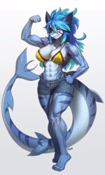 Size: 1700x2839 | Tagged: safe, artist:pgm300, oc, oc only, oc:rika (silverscarffox), fish, shark, anthro, plantigrade anthro, 2023, abs, absolute cleavage, big breasts, bikini, bikini top, blue hair, breasts, cleavage, clothes, commission, eyepatch, female, fins, fish tail, flexing, hair, high res, jean shorts, long hair, muscles, muscular female, red eyes, shark tail, signature, solo, solo female, swimsuit, tail, tail fin, thick thighs, thighs, wide hips