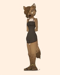 Size: 1024x1280 | Tagged: safe, artist:louart, hyena, mammal, anthro, amber eyes, anklet, bottomwear, brown body, brown fur, brown hair, clothes, digital art, dress, ear piercing, ears, feet, female, fur, hair, piercing, sandals, shoes, simple background, skinny, solo, solo female, spots, spotted fur, standing, tail