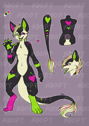 Size: 1446x2039 | Tagged: safe, artist:natt333, canine, dragon, fictional species, hybrid, mammal, wolf, anthro, adoptable, black body, black fur, cream body, cream fur, ear piercing, ears, female, fur, green eyes, heterochromia, looking at you, magenta eyes, open mouth, paws, piercing, reference sheet, solo, solo female, tail, tail tuft, tongue, tongue out, tongue piercing, watermark