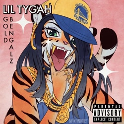 Size: 1100x1100 | Tagged: safe, artist:nakanoart, big cat, feline, mammal, tiger, anthro, album cover, bare shoulders, baseball cap, bracelet, cap, choker, clothes, ear piercing, earring, female, gold, gold tooth, hat, headwear, jewelry, looking at you, medallion, necklace, open mouth, piercing, ring, solo, solo female, spiked choker, tigress, tongue, tongue piercing, topwear