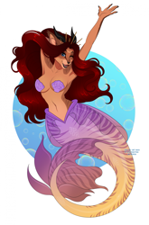 Size: 1561x2361 | Tagged: safe, artist:xchaiteakittenx, oc, oc only, fictional species, fish, mammal, anthro, 2023, belly button, black nose, breasts, digital art, ears, eyelashes, female, fins, fish tail, fur, hair, mermaid tail, one eye closed, open mouth, seashell bra, sharp teeth, solo, solo female, tail, teeth, thighs, tongue, wide hips