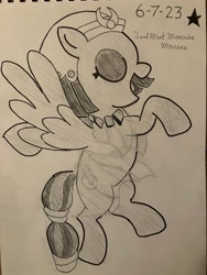 Size: 3024x4032 | Tagged: safe, artist:mlpfantealmintmoonrise, somnambula (mlp), equine, fictional species, mammal, pegasus, pony, feral, friendship is magic, hasbro, my little pony, 2023, atg 2023, drawing, feathered wings, feathers, female, g4, high res, mare, marker, newbie artist training grounds, on model, pen drawing, pencil drawing, signature, solo, solo female, traditional art, wings