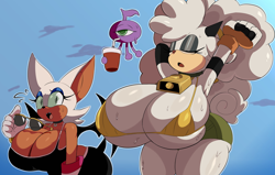Size: 4096x2598 | Tagged: suggestive, artist:cyberlord1109, lanolin the sheep (sonic), rouge the bat (sonic), alien, bat, bovid, caprine, fictional species, mammal, sheep, wisp, anthro, idw sonic the hedgehog, sega, sonic the hedgehog (series), 2023, 5 fingers, ambiguous gender, armband, bat wings, bell, bell collar, big breasts, bikini, bikini top, black nose, bottomwear, breast envy, breasts, choker, cleavage, clothes, collar, container, cup, drink, drinking, drinking straw, duo, duo female, duo focus, eyes closed, eyeshadow, female, females only, fingerless gloves, fur, glasses, gloves, green eyes, hair, hairband, high res, holding, holding object, hyper, hyper breasts, hyper butt, hyper hourglass figure, leaning forward, long eyelashes, makeup, meme, one eye, open mouth, outdoors, outline, pants, shocked, short shorts, short tail, shorts, skimpy, sky, sports bra, stretching, sunglasses, sweat, swimsuit, tail, topwear, webbed wings, white body, white fur, white gloves, wings