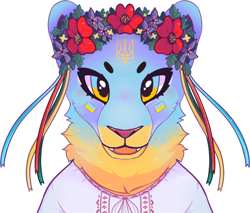 Size: 1084x925 | Tagged: safe, artist:lomtik, oc, cat, feline, mammal, anthro, anthrofied, bipedal, blue eyes, blushing, body markings, bust, bust portrait, cheek markings, clothes, colored sclera, colorful, cute, cute little fangs, digital art, embroidered clothing, facial markings, fangs, female, fenec, flower, flower crown, fluff, forehead markings, front view, fully clothed, gradient fur, head marking, head markings, looking at you, multicolored body, neck tuft, open mouth, orange eyes, outline, pink sclera, plant, portrait, ribbon, solo, solo female, teeth, ukraine, vtuber