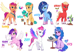 Size: 3508x2480 | Tagged: safe, artist:xiaowu07, hitch trailblazer (mlp), izzy moonbow (mlp), misty (mlp g5), pipp petals (mlp), sparky sparkeroni (mlp), sprout cloverleaf (mlp), sunny starscout (mlp), zipp storm (mlp), alicorn, canine, dog, dragon, earth pony, equine, fictional species, mammal, pegasus, pomeranian, pony, unicorn, hasbro, my little pony, my little pony g5, spoiler:my little pony g5, alicornified, baby, baby dragon, cloudpuff (mlp), colored wings, container, cornrows, cup, cute, cutie mark, female, flying pomeranian, hair, imported from derpibooru, looking at someone, looking at you, male, mane eight (g5), mane five (g5), mane seven (g5), mane six (g5), mare, plant, ponytail, race swap, sheriff's badge, simple background, sitting, smiling, stallion, sunnycorn, table, teacup, teapot, white background, winged dog, wings, young