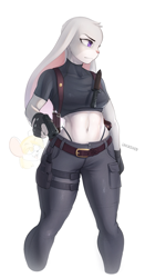 Size: 1319x2520 | Tagged: safe, artist:lovlxshedwww, ashley graham (resident evil), judy hopps (zootopia), leon s. kennedy (resident evil), lagomorph, mammal, mouse, rabbit, rodent, anthro, capcom, disney, resident evil, zootopia, belly button, bottomwear, breasts, clothes, cosplay, crop top, cropped shirt, female, fingerless gloves, gloves, gun, handgun, holster, knife, looking to the side, midriff, moushley, nipple outline, panties, pants, pistol, shirt, simple background, thong, topwear, weapon
