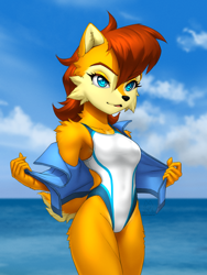Size: 4500x6000 | Tagged: safe, artist:mykegreywolf, princess sally acorn (sonic), mammal, rodent, squirrel, anthro, archie sonic the hedgehog, sega, sonic the hedgehog (series), absurd resolution, beach, clothes, cloud, female, high res, jacket, ocean, sand, sky, solo, solo female, swimsuit, topwear, water