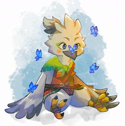 Size: 1605x1615 | Tagged: safe, artist:trinketbird, tulin (zelda), arthropod, bird, butterfly, fictional species, insect, rito, anthro, nintendo, the legend of zelda, beak, feathered wings, feathers, male, sitting, solo, solo male, winged arms, wings