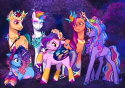 Size: 3466x2434 | Tagged: safe, artist:peachmichea, hitch trailblazer (mlp), izzy moonbow (mlp), misty (mlp g5), pipp petals (mlp), sunny starscout (mlp), zipp storm (mlp), earth pony, equine, fictional species, mammal, pegasus, pony, unicorn, feral, hasbro, my little pony, my little pony g5, my little pony: make your mark, spoiler, spoiler:my little pony g5, spoiler:my little pony: make your mark, spoiler:my little pony: make your mark chapter 4, spoiler:mymc04e01, bracelet, bridlewood, bridlewoodstock, butterfly wings, clothes, female, floral head wreath, flower, glasses, grin, group photo, headphones, headwear, jewelry, leg warmers, legwear, makeup, male, mane five (mlp g5), mane six (g5), mare, multicolored mane, my little pony: make your mark chapter 4, necklace, plant, round glasses, smiling, stallion, toeless legwear, wings