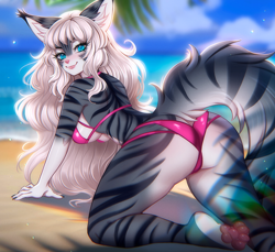 Size: 1400x1283 | Tagged: suggestive, alternate version, artist:adorableinall, oc, oc only, cat, feline, mammal, anthro, digitigrade anthro, 2023, all fours, beach, bikini, breasts, butt, cameltoe, clothes, commission, detailed background, digital art, ears, eyelashes, female, fur, hair, hanging breasts, looking at you, looking back, looking back at you, paw pads, paws, pink nose, presenting, rear view, sideboob, solo, solo female, swimsuit, tail, thighs, wide hips, ych result