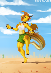 Size: 1600x2304 | Tagged: safe, artist:shido-tara, dragon, fictional species, reptile, sandwing, wings of fire (book series), bottomwear, clothes, collar, desert, dragoness, fanart, female, green eyes, looking at you, raised leg, sand, shirt, shorts, sleeveless, spread wings, standing, topwear, wings, yellow body