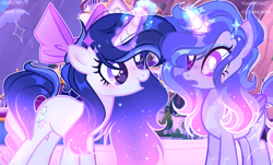 Size: 2655x1599 | Tagged: safe, artist:harmonyvitality-yt, artist:mint-light, oc, oc only, oc:harmony vitality, oc:stardust illusion, alicorn, equine, fictional species, mammal, pony, unicorn, feral, friendship is magic, hasbro, my little pony, 2023, base used, bow, duo, duo female, eyelashes, feathered wings, feathers, female, females only, glowing, glowing horn, hair bow, high res, horn, magic, mare, next generation, offspring, outdoors, parent:flash sentry (mlp), parent:twilight sparkle (mlp), parents:flashlight (mlp), tail, telekinesis, wings