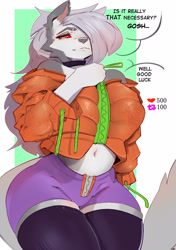 Size: 1450x2060 | Tagged: safe, artist:ennmedoo, loona (vivzmind), canine, fictional species, hellhound, mammal, anthro, hazbin hotel, helluva boss, 2023, bedroom eyes, black nose, bottomwear, breasts, clothes, colored sclera, crop top, cropped jacket, digital art, ears, eyelashes, female, fur, hair, hair over one eye, legwear, looking at you, red sclera, shorts, solo, solo female, stockings, strip game, sweater, tail, thighs, topwear, wide hips