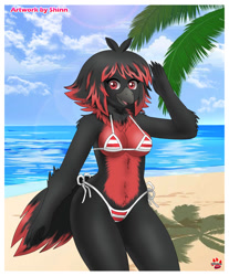 Size: 1074x1294 | Tagged: suggestive, artist:shinn, oc, oc only, bird, corvid, crow, songbird, anthro, 2021, beach, beak, belly button, bikini, breasts, clothes, commission, detailed background, digital art, ears, eyelashes, female, fur, hair, micro bikini, open mouth, solo, solo female, swimsuit, tail, thighs, tongue, wide hips