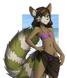 Size: 1070x1233 | Tagged: suggestive, artist:puivei, oc, oc only, mammal, red panda, anthro, 2023, bikini, black nose, clothes, commission, crossdressing, crotch bulge, digital art, ears, fur, hair, male, pose, sarong, solo, solo male, swimsuit, tail, thighs