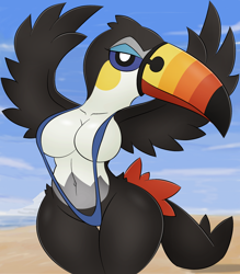 Size: 1122x1280 | Tagged: suggestive, artist:furry-bites, bird, fictional species, toucannon, anthro, nintendo, pokémon, spoiler:pokémon gen 9, spoiler:pokémon scarlet and violet, 2023, beak, bikini, breasts, clothes, detailed background, digital art, ears, eyelashes, female, fur, hair, looking at you, sling bikini, solo, solo female, swimsuit, tail, thighs, wide hips, winged arms, wings