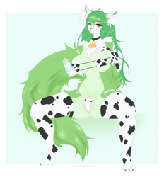 Size: 1848x1994 | Tagged: suggestive, artist:fluffymonsterart, oc, oc only, canine, fox, mammal, anthro, digitigrade anthro, 2023, bikini, black nose, breasts, butt, cameltoe, clothes, commission, cow print, cowbell, digital art, ears, eyelashes, female, fluff, fur, hair, legwear, milk bottle, neck fluff, sitting, solo, solo female, stockings, swimsuit, tail, thighs, underass, vixen, wide hips