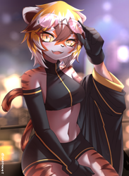 Size: 1095x1500 | Tagged: safe, artist:katarine, waaifu (arknights), big cat, feline, mammal, tiger, anthro, arknights, 2023, black nose, bottomwear, breasts, clothes, detailed background, digital art, ears, eyelashes, female, fur, glasses, hair, shirt, shorts, sitting, solo, solo female, sunglasses, tail, thighs, topwear, wide hips