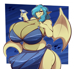 Size: 1987x1854 | Tagged: suggestive, artist:gin-blade, oc, oc only, dragon, fictional species, anthro, 2023, bedroom eyes, belly button, bikini, bikini top, breasts, clothes, commission, digital art, dragon wings, dragoness, ears, eyelashes, female, hair, huge breasts, looking at you, pose, sarong, scales, sexy, simple background, smiling, smiling at you, solo, solo female, spread wings, swimsuit, tail, thick thighs, thighs, wide hips, wings