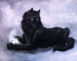 Size: 1714x1378 | Tagged: safe, artist:mirtrud, canine, mammal, wolf, feral, lifelike feral, 2015, ambiguous gender, black body, black fur, fur, lying down, magic, non-sapient, realistic, snow, solo, solo ambiguous, winter