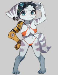 Size: 1691x2179 | Tagged: suggestive, artist:liteu, rivet (r&c), fictional species, lombax, mammal, anthro, ratchet & clank, 2023, bikini, blue body, blue fur, clothes, cybernetic arm, cybernetics, ear piercing, earring, eyebrows, eyelashes, female, fur, goggles, goggles on head, gray background, looking at you, nipple outline, piercing, simple background, smiling, solo, solo female, striped fur, swimsuit