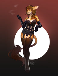 Size: 923x1204 | Tagged: safe, artist:ariannafray_pr, oc, oc:persephone (zaphoros), giraffe, mammal, anthro, unguligrade anthro, breasts, brown eyes, brown hair, cigarette, cleavage, clothes, cloven hooves, corset, digital art, ears, female, fur, garter belt, gloves, hair, hooves, horns, legwear, lingerie, looking at you, panties, signature, solo, solo female, spots, spotted fur, stockings, tail, tail tuft, tan body, tan fur, underwear