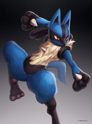 Size: 667x900 | Tagged: safe, artist:hybridmink, fictional species, lucario, mammal, feral, nintendo, pokémon, super smash brothers, ambiguous gender, gradient background, on model, paw pads, paws, signature, solo, solo ambiguous