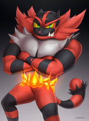 Size: 667x900 | Tagged: safe, artist:hybridmink, fictional species, incineroar, mammal, feral, nintendo, pokémon, super smash brothers, ambiguous gender, crossed arms, gradient background, looking at you, on model, signature, solo, solo ambiguous, starter pokémon