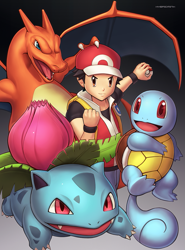 Size: 667x900 | Tagged: safe, artist:hybridmink, red (pokémon), charizard, fictional species, human, ivysaur, mammal, squirtle, feral, nintendo, pokémon, super smash brothers, ambiguous gender, gradient background, group, looking at you, male, on model, open mouth, pokémon trainer, signature, starter pokémon