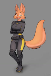Size: 866x1280 | Tagged: safe, artist:schmutzo, diane foxington (the bad guys), canine, fox, mammal, anthro, dreamworks animation, the bad guys, 2022, arms under breasts, belt, breasts, catsuit, clothes, crossed arms, eyebrow piercing, female, lidded eyes, looking to the side, piercing, simple background, smiling, solo, solo female, tight clothing, utility belt