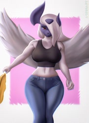 Size: 1097x1517 | Tagged: safe, artist:aozee, absol, fictional species, mammal, anthro, nintendo, pokémon, 2023, belly button, black nose, bottomwear, breasts, clothes, commission, crop top, digital art, ears, eyelashes, female, front view, fur, hair, hair over one eye, horn, looking at you, pants, shirt, simple background, solo, solo female, spread wings, tail, thighs, topwear, wide hips, wings