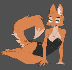 Size: 1748x1700 | Tagged: safe, artist:bae-mon, diane foxington (the bad guys), canine, fox, mammal, anthro, digitigrade anthro, dreamworks animation, the bad guys, 2023, bedroom eyes, bottomwear, breasts, clothes, digital art, dress, ears, eyelashes, female, fur, gray background, looking at you, open mouth, pink nose, sharp teeth, simple background, sketch, solo, solo female, tail, teeth, thighs, tongue, vixen, wide hips