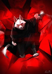 Size: 900x1274 | Tagged: safe, artist:leggy2fast, death (puss in boots), canine, mammal, wolf, anthro, dreamworks animation, puss in boots (movie), puss in boots: the last wish, shrek, 2023, black clothing, black lips, black sclera, cape, claws, clothes, colored sclera, crystal, dual wielding, fur, holding, holding object, holding weapon, intimidation, lips, male, melee weapon, red background, red eyes, sharp teeth, sickle, simple background, smiling, solo, solo male, teeth, weapon, white body