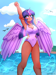 Size: 3024x4032 | Tagged: safe, artist:mylittleyuri, twilight sparkle (mlp), alicorn, bird, equine, fictional species, human, mammal, pony, humanoid, friendship is magic, hasbro, my little pony, 2023, alicorn humanization, armpits, belly button, blushing, breasts, clothes, cloud, dark skin, elf ears, eyelashes, feathered wings, feathers, female, high res, horn, horned humanization, humanized, multcolored hair, one-piece swimsuit, purple wings, skin, sky, smiling, solo, solo female, species swap, swimsuit, water, wet, winged humanoid, wings