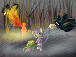 Size: 600x450 | Tagged: safe, artist:chibi-c, oc, oc:clown, oc:flame, aipom, charmander, fictional species, hoppip, murkrow, skiploom, nintendo, pokémon, pokémon mystery dungeon, 2007, attacking, creepy, danger, dark forest, dead trees, fighting, fire, flamethrower, forest, grabbing, group, helpless, mystery dungeon, outdoors, protecting, rescue team, scared, spooky, starter pokémon, tail, tail grab, tail hand