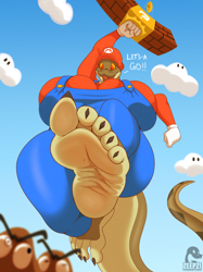 Size: 1662x2217 | Tagged: suggestive, artist:zp92, mario (mario), oc, oc:margret stalizburg, fictional species, goomba (mario), monster, reptile, snake, anthro, mario (series), nintendo, barefoot, big feet, breasts, claws, cosplay, dirty soles, feet, female, fetish, foot fetish, hyper, hyper breasts, jumping, looking down, open mouth, open smile, punching, smiling, soles, solo, solo female, spread toes, thick thighs, thighs, toe claws, toes, wide hips