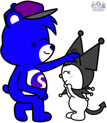 Size: 1687x1927 | Tagged: safe, artist:mrstheartist, kuromi (sanrio), oc, oc:creative bear, bear, fictional species, lagomorph, mammal, rabbit, semi-anthro, care bears, care bears: unlock the magic, hello kitty (series), sanrio, artwork, black outline, blushing, bright colors, care bear, cute, devil tail, digital art, duo, eyes closed, female, kneeling, male, medibang paint, petting, simple background, smiling, smiling at each other, tail, transparent background