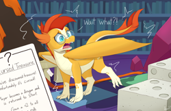 Size: 2000x1295 | Tagged: safe, artist:arcane-thunder, sunburst (mlp), dragon, fictional species, reptile, western dragon, feral, friendship is magic, hasbro, my little pony, book, bookshelf, claws, dialogue, dragonified, fangs, glasses, indoors, library, male, round glasses, scales, sharp teeth, solo, solo male, species swap, surprised, talking, teeth, text, webbed wings, wings