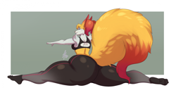 Size: 2713x1358 | Tagged: safe, artist:lavypandyworks, braixen, fictional species, anthro, plantigrade anthro, nintendo, pokémon, 2023, breasts, butt, clothes, commission, digital art, ear fluff, ears, eyelashes, female, fluff, fur, huge butt, rear view, shoulder fluff, solo, solo female, sports bra, sports pants, starter pokémon, tail, thick thighs, thighs, topwear, wide hips, yoga