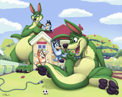 Size: 1200x950 | Tagged: safe, artist:teaselbone, bandit heeler (bluey), bingo heeler (bluey), bluey heeler (bluey), oc, oc:duncan roo, australian cattle dog, canine, dog, kangaroo, mammal, marsupial, semi-anthro, bluey (series), building, female, group, house, macro, macropod, male, one eye closed, open mouth, open smile, paw pads, paws, puppy, size difference, smiling, winking, young