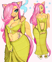 Size: 1000x1200 | Tagged: suggestive, artist:thecurlydemon, fluttershy (mlp), equine, fictional species, mammal, pegasus, pony, anthro, plantigrade anthro, friendship is magic, hasbro, my little pony, 2023, adorasexy, anthrofied, belly button, big breasts, breasts, cigarette, cleavage, clothes, cute, eyes closed, feathered wings, feathers, female, green eyes, hair, hair over one eye, jewelry, looking at you, mane, necklace, pink hair, pink mane, pink tail, sexy, simple background, smiling, smiling at you, solo, solo female, tail, white background, wide hips, wings, yellow body