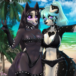 Size: 1920x1920 | Tagged: suggestive, alternate version, artist:tsarinart, scp-1471-a (scp), oc, oc only, border collie, canine, collie, dog, mammal, anthro, scp, 2023, anthro/anthro, beach, belly button, bikini, black body, black fur, black hair, black nose, black sclera, blushing, breasts, cleavage, clothes, collar, colored sclera, cyan hair, detailed background, digital art, duo, duo female, ears, eyelashes, female, female/female, females only, fur, gesture, hair, looking at you, ocean, outdoors, palm tree, plant, pose, purple eyes, sexy, spiked collar, swimsuit, tail, teeth, thighs, tree, v sign, water, white body, white fur, wide hips