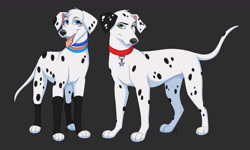 Size: 1154x692 | Tagged: safe, alternate version, artist:zacepka, dolly (101 dalmatians), dylan (101 dalmatians), canine, dalmatian, dog, mammal, feral, 101 dalmatian street, 101 dalmatians, disney, 2d, blue eyes, brother, brother and sister, collar, colored, duo, duo male and female, female, fur, gray background, green eyes, looking at you, male, pink tongue, siblings, signature, simple background, sister, spots, spotted fur, tongue, tongue out