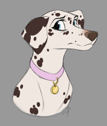 Size: 1144x1343 | Tagged: safe, artist:zacepka, perdita (101 dalmatians), canine, dalmatian, dog, mammal, feral, 101 dalmatians, disney, 2d, blue eyes, bust, collar, female, front view, fur, gray background, looking at you, simple background, solo, solo female, spots, spotted fur, three-quarter view