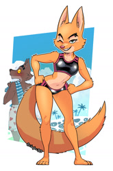 Size: 1200x1816 | Tagged: safe, artist:crikeydave, diane foxington (the bad guys), mr. wolf (the bad guys), canine, fox, mammal, wolf, anthro, dreamworks animation, the bad guys, barefoot, bedroom eyes, belly button, big breasts, bikini, blushing, breasts, clothes, duo, feet, female, looking at you, looking back, male, one eye closed, smiling, smiling at you, sport swimsuit, swimsuit, thick thighs, thighs, toes, vixen, wide hips, winking
